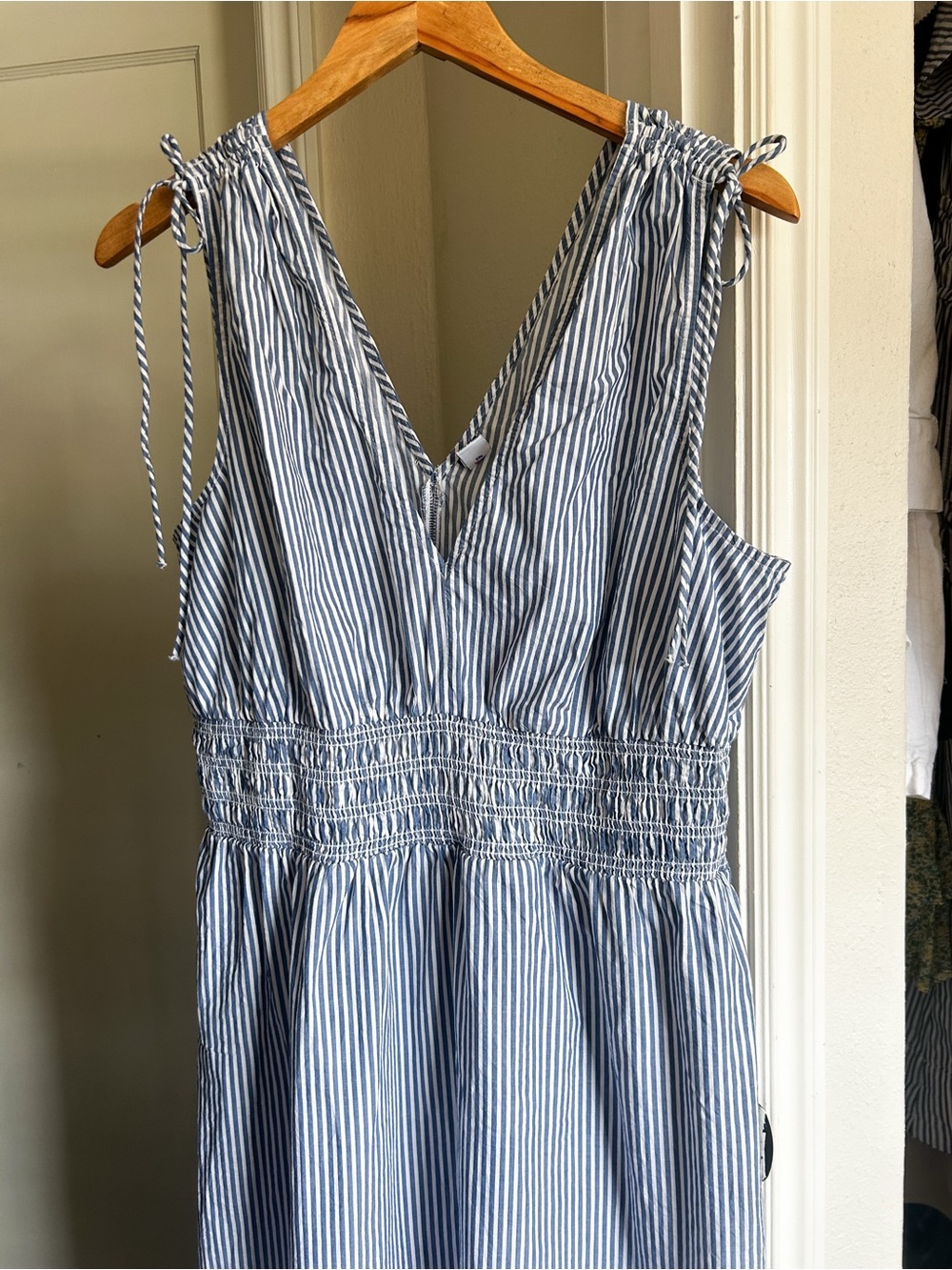 NWOT 100% Cotton Striped Blue Tie-Shoulder Midi Dress - Picture 4 of 6